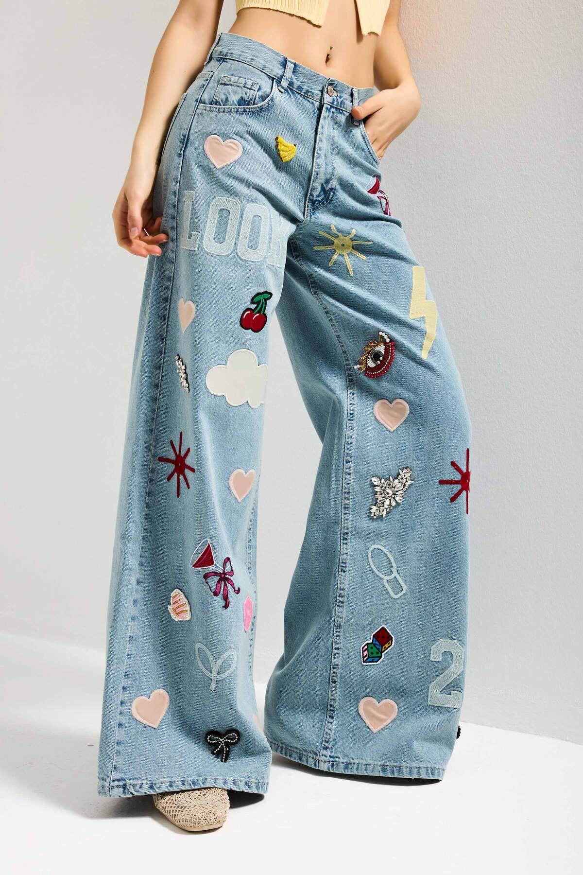 Y2K Patchwork Embroidered Wide Leg Jeans, Boho Cotton Statement Trousers