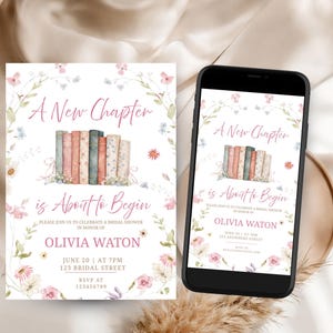 May include: A bridal shower invitation with the text "A New Chapter is About to Begin." The design features watercolor illustrations of books and floral accents. The invitation is displayed on a white card and a smartphone.