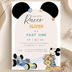 Mickey Mouse Fast One verjaardagsuitnodiging, Roadster Racer bewerkbare canvassjabloon, Little Racer 1e verjaardag instant digitale download