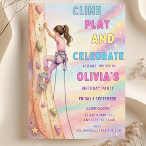 Peut inclure: Une invitation colorée pour une fête d'anniversaire avec une illustration d'une fille grimpant un mur d'escalade. L'invitation comprend le texte "CLIMB PLAY AND CELEBRATE" et les détails de la fête d'anniversaire d'Olivia.