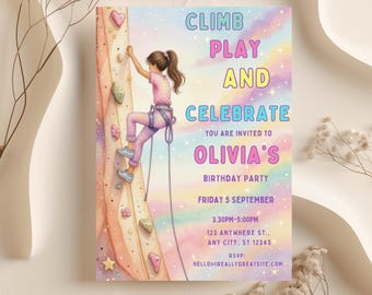 Peut inclure: Une invitation colorée pour une fête d'anniversaire avec une illustration d'une fille grimpant un mur d'escalade. L'invitation comprend le texte "CLIMB PLAY AND CELEBRATE" et les détails de la fête d'anniversaire d'Olivia.