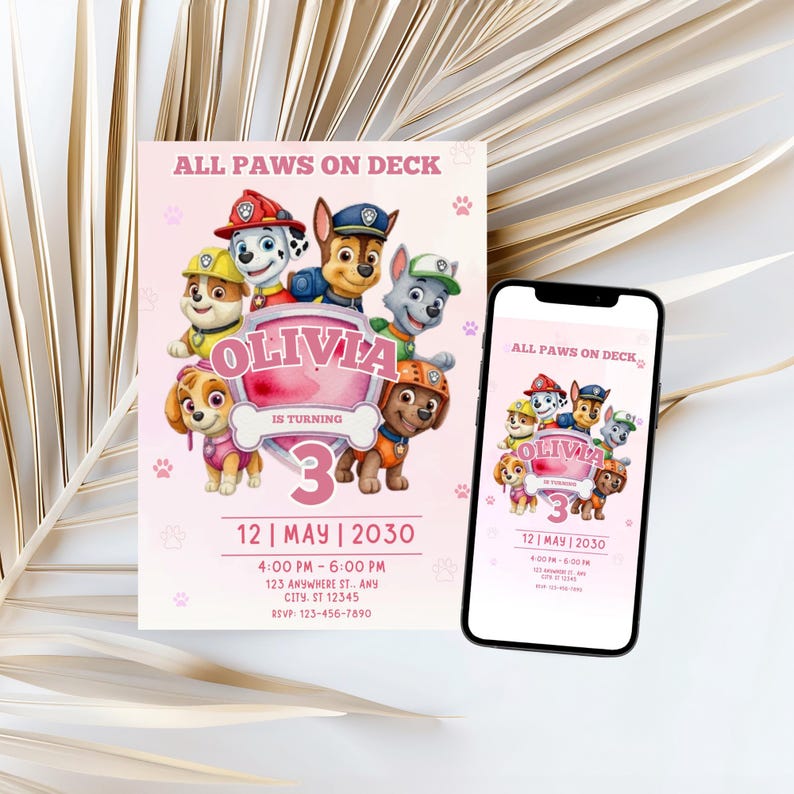 May include: Pink birthday party invitation with the text "ALL PAWS ON DECK" and "OLIVIA IS TURNING 3". The invitation features cartoon characters and paw prints. A smartphone displays the same invitation.