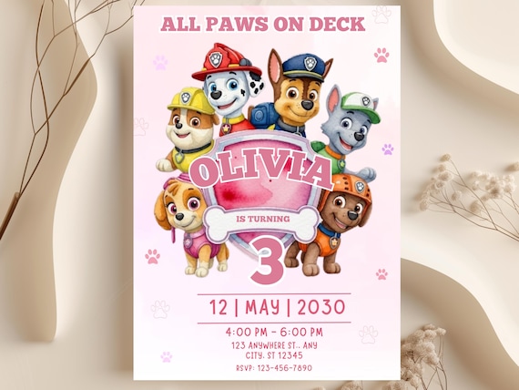 Paw-ty Birthday Invitation Girl | Puppy Patrol Editable Canva Template, Pink Pup Party Instant Digital Download
