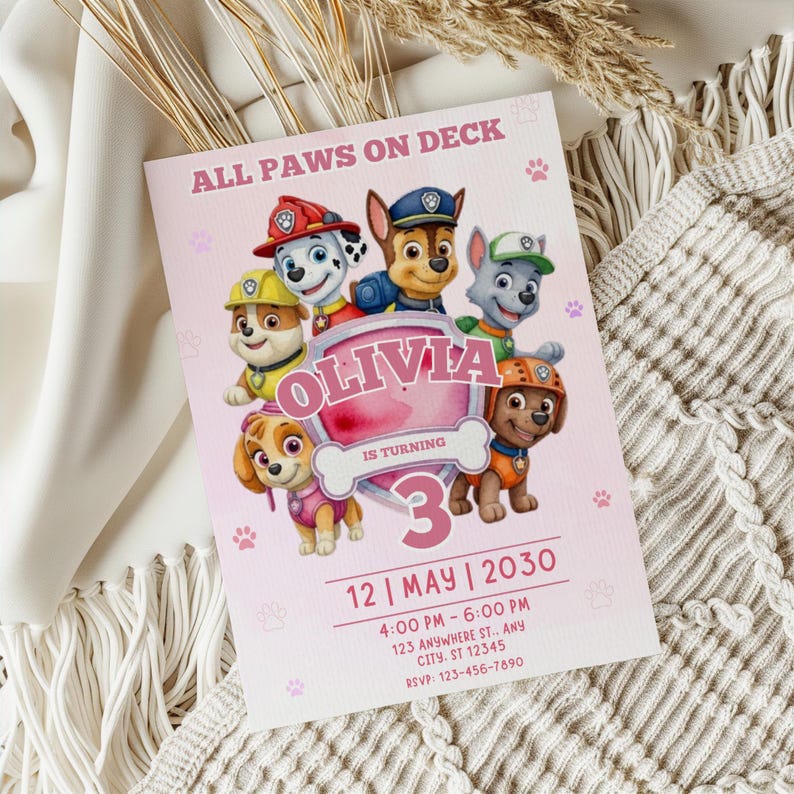 May include: Pink birthday invitation featuring cartoon puppies from the Paw Patrol series. The invitation includes the text "ALL PAWS ON DECK" and "OLIVIA IS TURNING 3". The date is May 12, 2030, with event details and RSVP information.