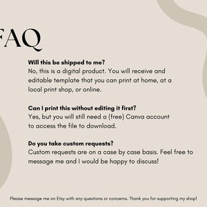 May include: A beige digital product FAQ sheet with the title "FAQ" in large, black, elegant font. The sheet answers questions about shipping, printing, and custom requests. The background has a light beige color with abstract shapes.