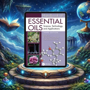 Puede incluir: Una tableta digital muestra la portada de "Handbook of Essential Oils: Science, Technology, and Applications, Third Edition". La portada es morada y blanca, con imágenes de flores y estructuras moleculares. La tableta está sobre una plataforma de piedra en un paisaje de fantasía.