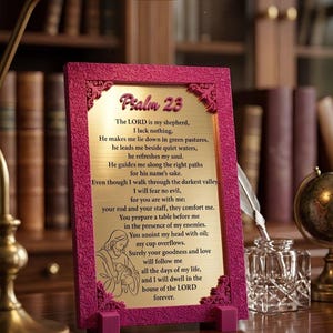 Psalm 23 Plaque with 3D Printed Frame, Gold Acrylic Christian Desk Sign