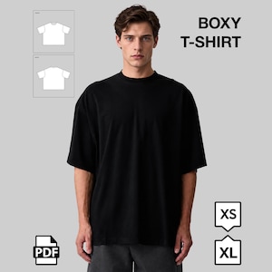 Molde para costura de camiseta masculina estilo boxy, camiseta com ombros caídos, camiseta oversized para homens, tamanhos do PP ao GG.