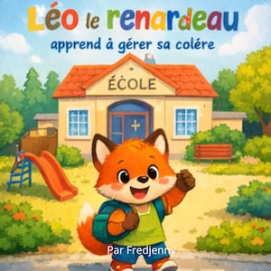May include: A children's book cover depicting a cartoon fox with a backpack in front of a school. The title reads "Léo le renardeau apprend à gérer sa colère" with "ÉCOLE" on the building. The author's name, "Par Fredjenny", is at the bottom of the image.
