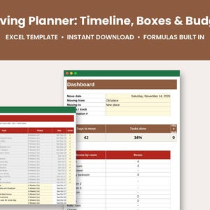 Pode incluir: Um modelo de Excel de planejador de mudança digital com painel e cronograma. O texto diz Moving Planner: Timeline, Boxes & Budget, Excel Template, Instant Download, Formulas Built In. A interface exibe tabelas com seções vermelhas, marrons e brancas para rastrear datas de mudança, tarefas e contagem de caixas.