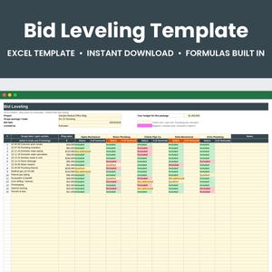 May include: A digital Bid Leveling Template for Excel featuring a spreadsheet interface with columns for project scope, plug values, and vendor comparisons. The layout includes colour-coded status cells in green, pink, and yellow, with text headers.