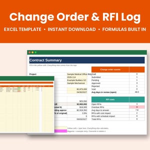 Change Order Log & RFI Tracker Excel Template | Construction Project Management Spreadsheet | Contractor