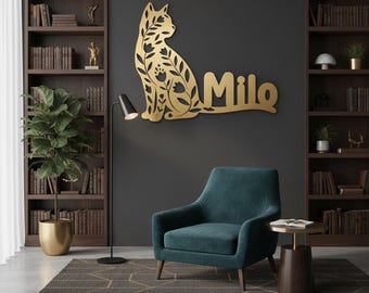 Personalized Cat Metal Wall Art, Custom Pet Name Sign, Cat Lover Home Decor, Minimalist Black Metal Cat Silhouette Gift