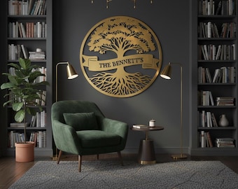 Placa de metal personalizada com o nome da família, arte de parede Árvore da Vida, placa personalizada com o sobrenome, decoração moderna de fazenda, presente.