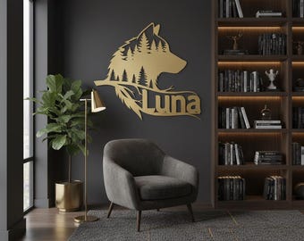 Personalisierte Wolf Metallwandkunst, Benutzerdefiniertes Namensschild, Waldtierdekor, rustikale Hüttenwanddekoration, Wildtier Geschenk mit Namen