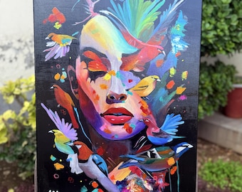 A symphony of Freedom, Original Acrylic Painting,  Enchanted Woman with Birds, Vibrant Abstract Portrait (18x24 inches), modern art,