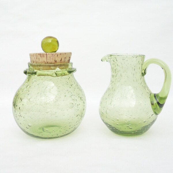 Green Controlled Bubble Glass Pitcher and Lided Jar, Handblow Glass Pitcher and Jar, UK Seller