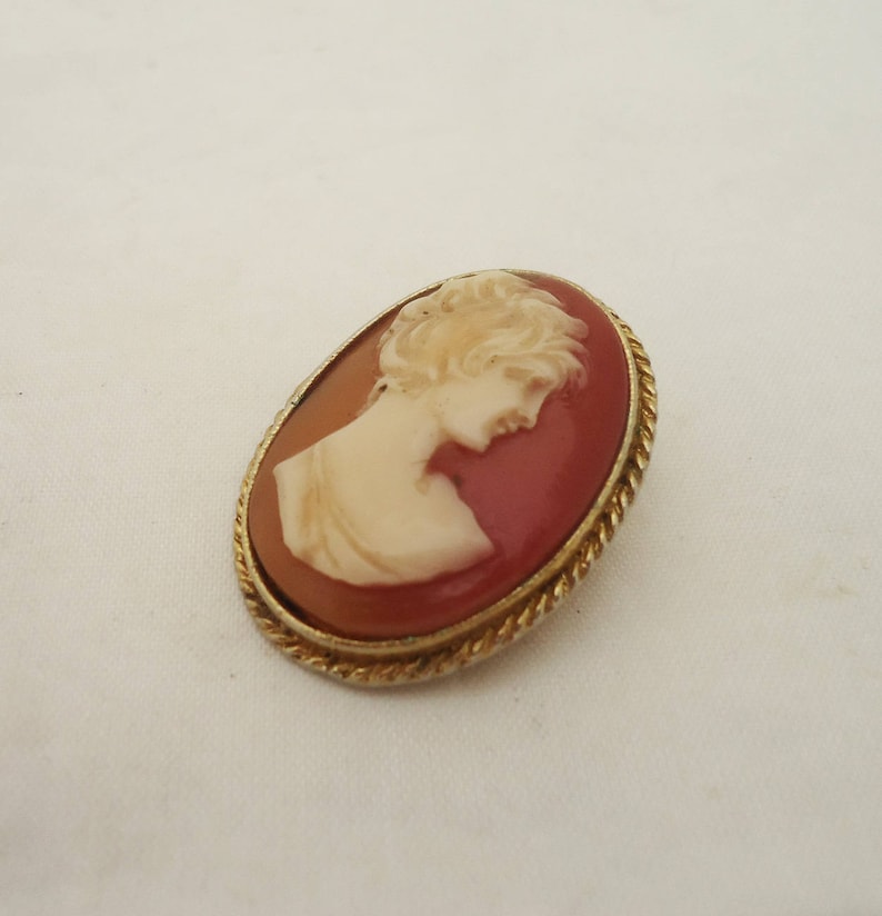 May include: A gold-toned oval cameo brooch with a white cameo of a woman's profile against a red background.