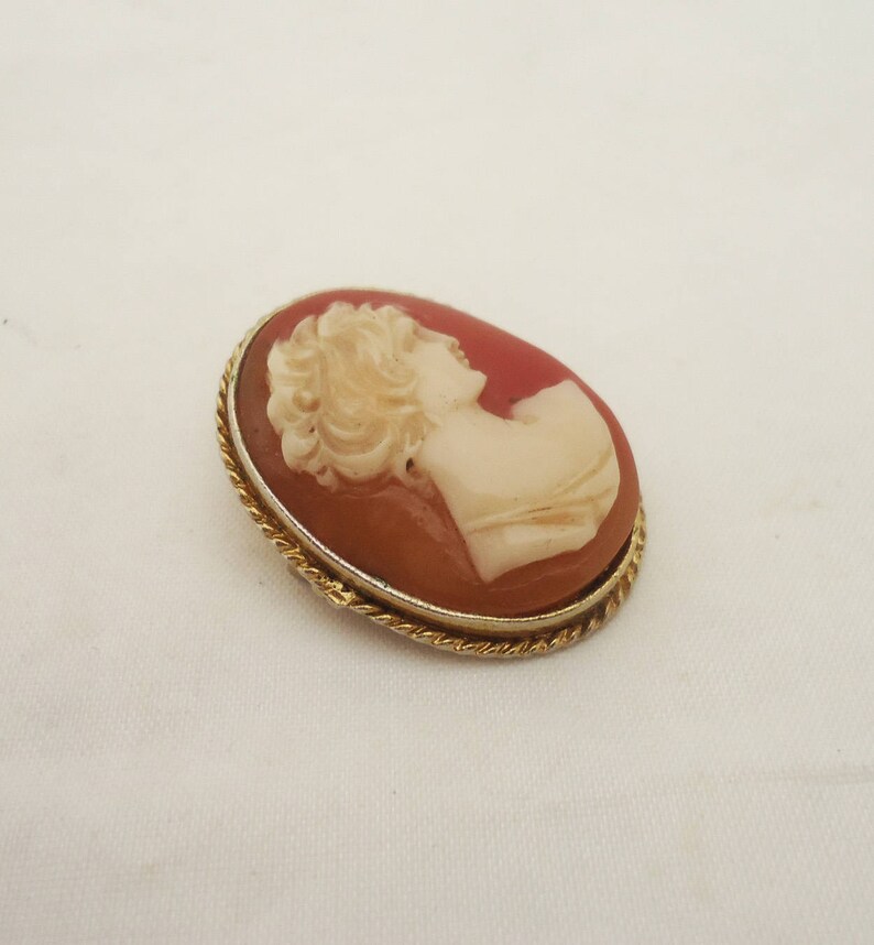 May include: A cameo brooch with a gold-tone setting. The cameo features a white profile of a woman with a red background.