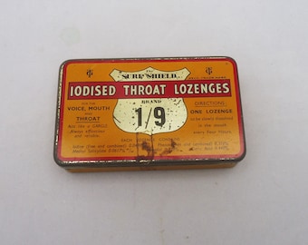 Vintage Lodised keeltabletten Pastilles Tin, Sure Shield Gejodeerde keeltabletten Tin 1/9 Ancoats Manchester