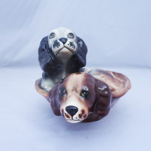 Dogs Figurine, Two Dogs in Basket Figurine, Porcelain Dogs Figurine