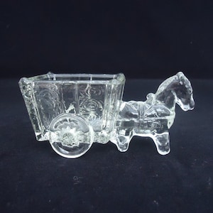 Vintage helder glas paard en wagen door Jeannette Company, paard met kar Candy Dish, Glass Trinket Dish Donkey and Cart