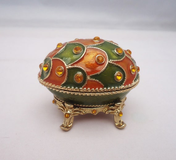 Faberge Style Egg Green and Orange Enamel and Rhinestone Faberge Style Egg Trinket Box