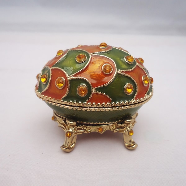 Faberge Style Egg, Green and Orange Enamel and Rhinestone Faberge Style Egg Trinket Box