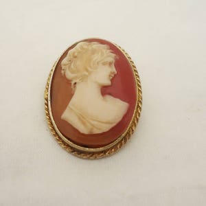 May include: A cameo brooch with a white cameo of a woman's profile set against a red background. The brooch is surrounded by a gold-colored rope design.