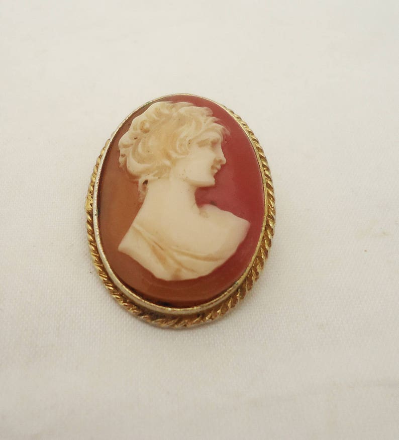 May include: A cameo brooch with a white cameo of a woman's profile set against a red background. The brooch is surrounded by a gold-colored rope design.