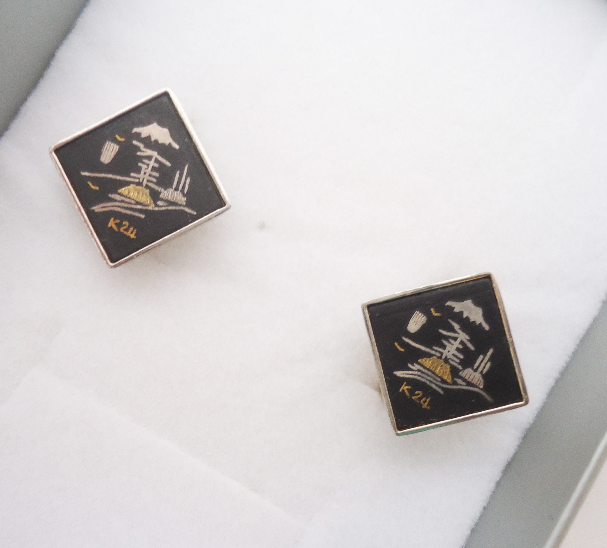 Orecchini Kyoto in damasco, orecchini giapponesi in damasco con intarsi in oro 24K, orecchini a clip anni '50