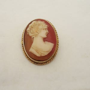 May include: A red cameo brooch with a gold-toned rope border. The cameo features a white profile of a woman with curly hair.
