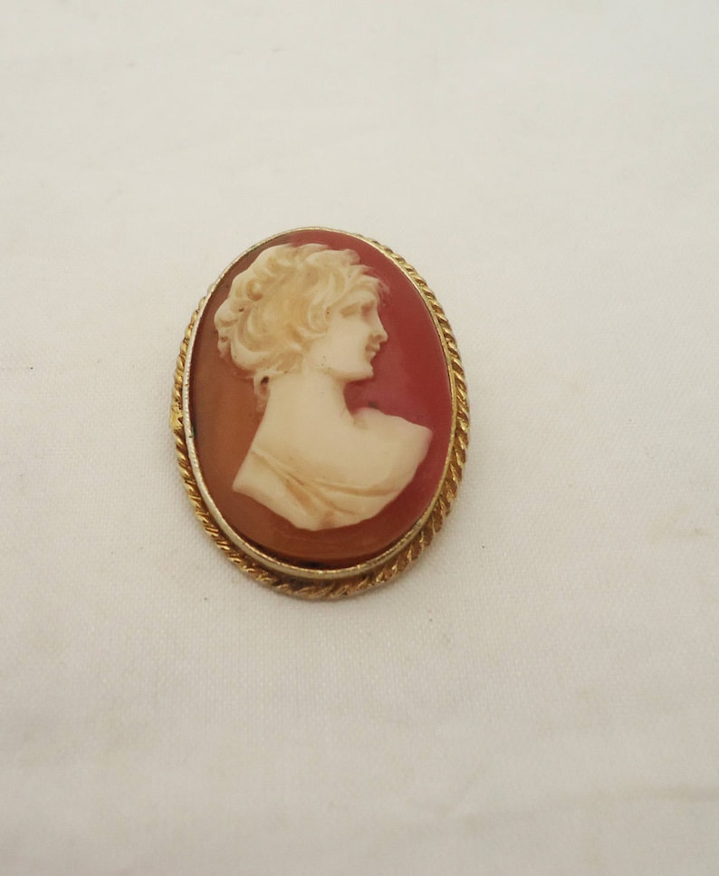 May include: A red cameo brooch with a gold-toned rope border. The cameo features a white profile of a woman with curly hair.