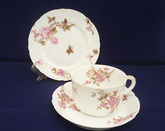 Antyczna francuska porcelana kostna Haviland & Limoges Filiżanka, Spodek i Talerz Pustynny, Trio China - ok. 1888-1893