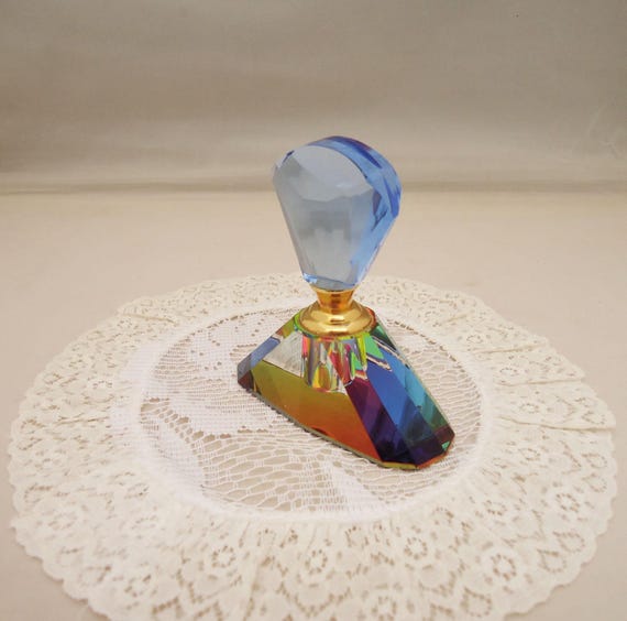 Vintage Iridescent Crystal Perfume Bottle: Rainbow Glass Scent Applicator View 2