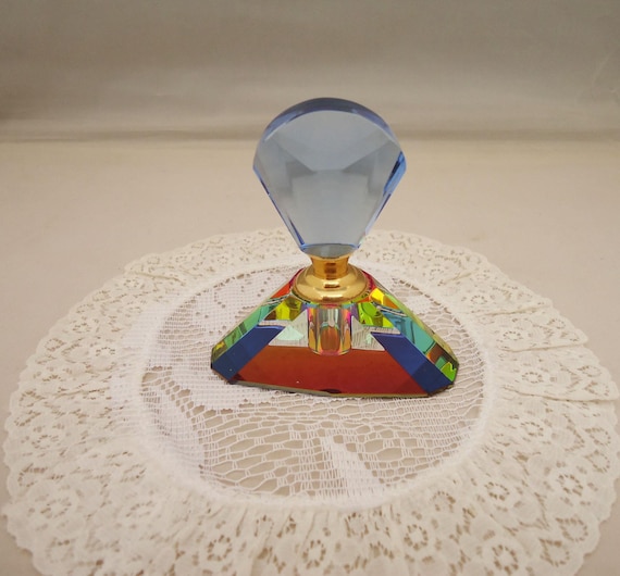 Vintage Iridescent Crystal Perfume Bottle: Rainbow Glass Scent Applicator