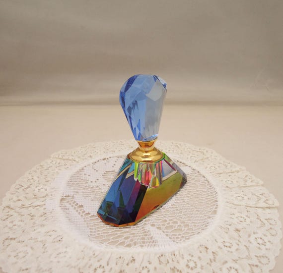 Vintage Iridescent Crystal Perfume Bottle: Rainbow Glass Scent Applicator View 3
