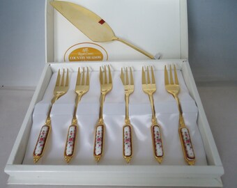 Royale County Country Meadow Collection Boxed set of 6  Gold Plated Dessert Forks and Cake Shovel,Vintage Gold Plated and China Set