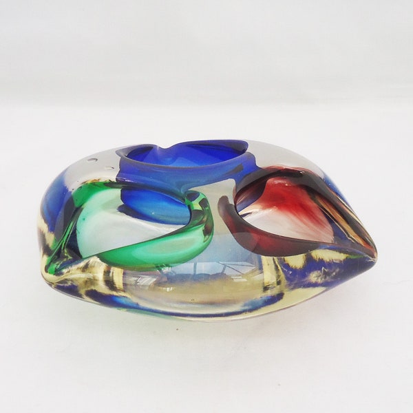 Vintage Murano Sommerco Tricolor Ashtray, Midcentury Red, Green and Blue Ashtray, Italian Art Glass