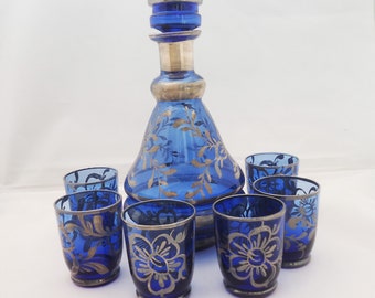 Vintage Venetian Cobalt Blue Glass and Silver Overlay Decanter Set with 6 shot glasses