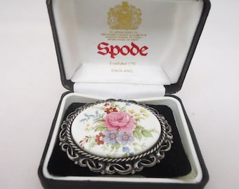 Vintage Spode Porzellan Brosche, Spode Porzellan Brosche Blumendesign in Originalverpackung
