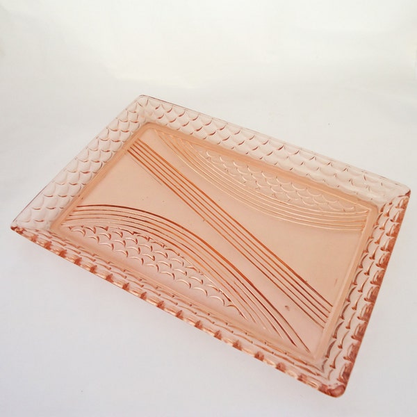 Vintage Dressing Table Tray, Pink Cut Glass Dressing Table Tray, Fish Scale Pattern Tray, UK Seller