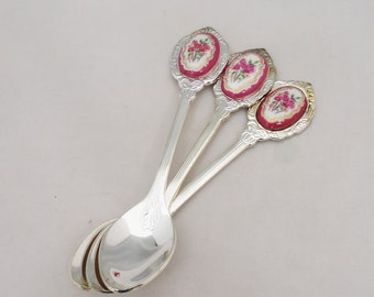 Vintage Set Of Three Ornate Tea Spoons With Porcelain Floral Medallion Inlay