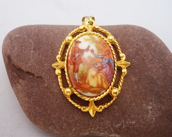 Exquisite Porcelain Pendant, Vintage Cameo Porcelain and Enamel Pendant, Signed Exquisite