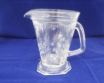 Clear Glass Pitcher, English Cut Glass, Stars and Flowers Pattern, Vintage Clear Glass Jug