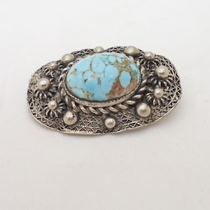 Vintage Brooch, Silver Tone Brooch with Gemstone, Retro Brooch, Blue Gemstone Brooch, Filigree Brooch, UK Seller