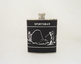 Vintage Leather Hip Flask,  Vintage 80s, Black Genuine Leather, Stainless Steel Hip Flask, Sportsman Flask