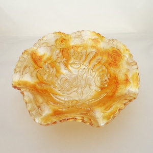 Vintage Imperial Glass Amberina Luster Rose Carnival Bowl, Marigold Ruffled Bowl