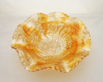 Vintage Imperial Glass Amberina Luster Rose Carnival Bowl, Marigold Ruffled Bowl