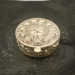 Silver Plated Pill Box, Small Silver Plated Pill Box Rose Design